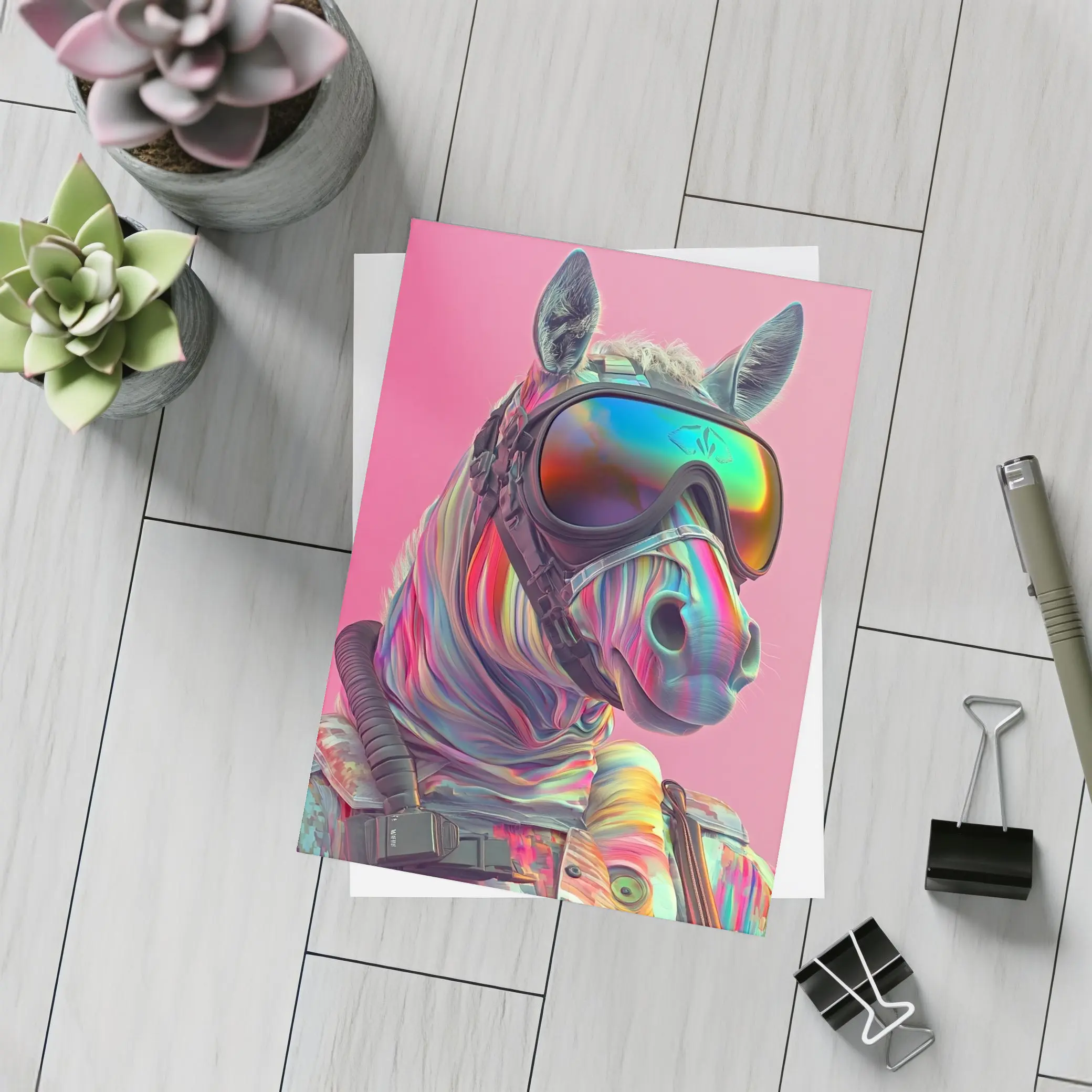 Neon Zebra Soldier Wearing Goggles Pink Background – Postcards