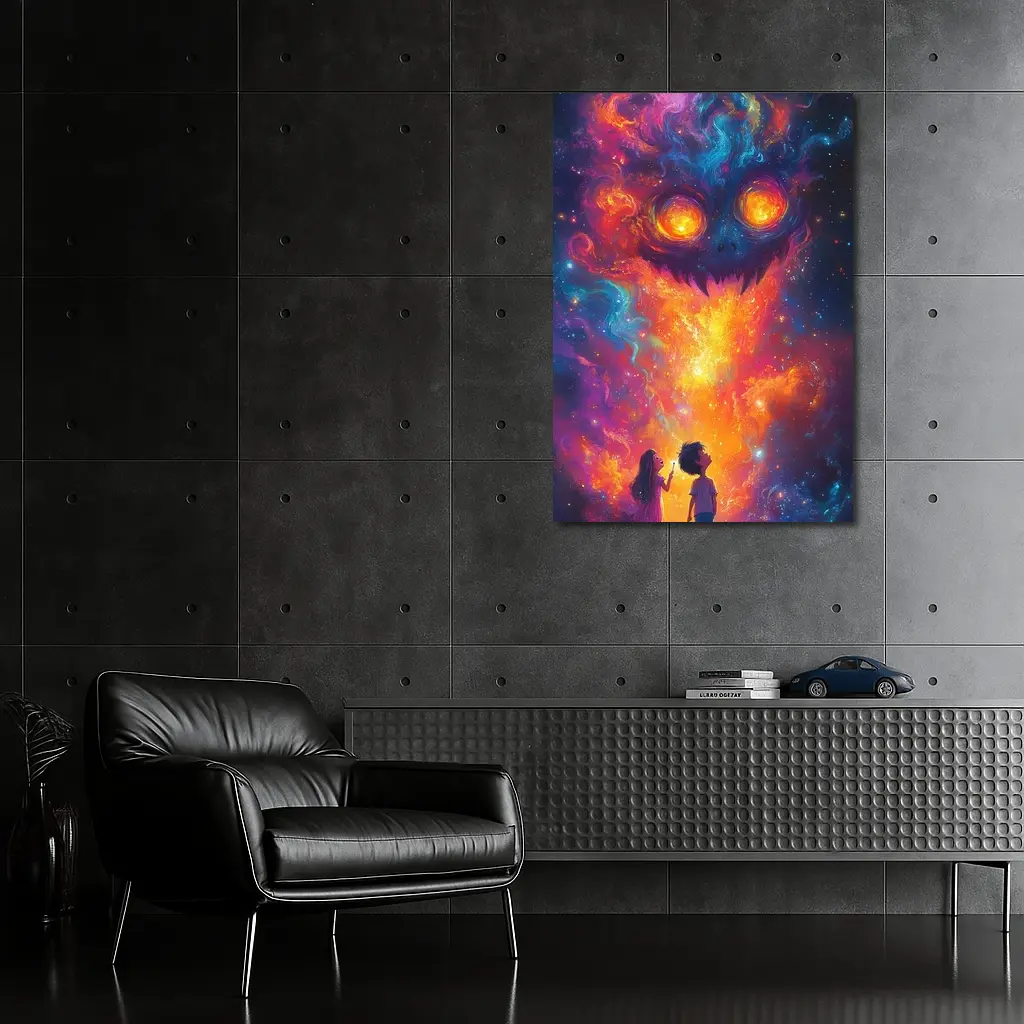 Children Facing Cosmic Monster Galaxy Art – Wall Art