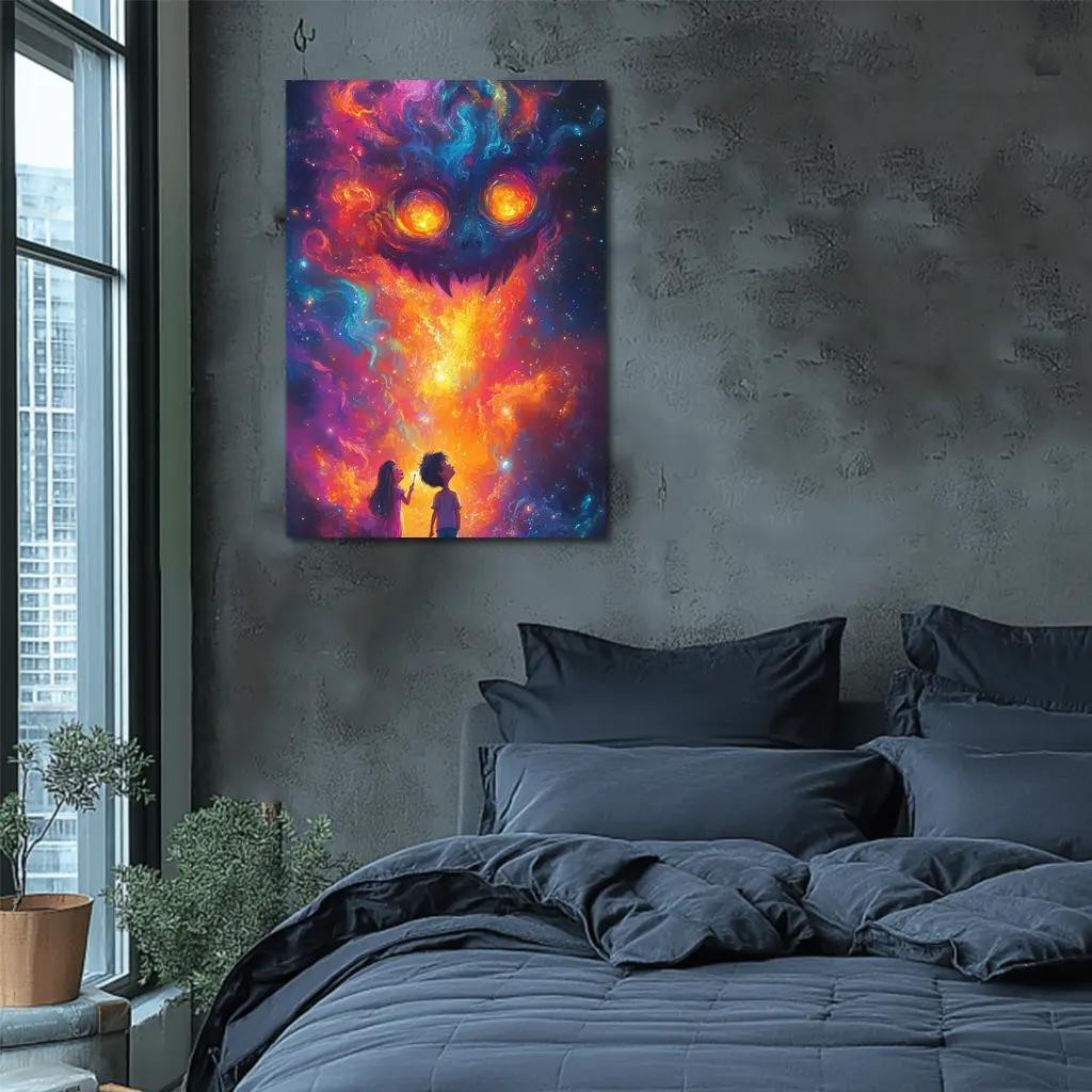 Children Facing Cosmic Monster Galaxy Art – Wall Art