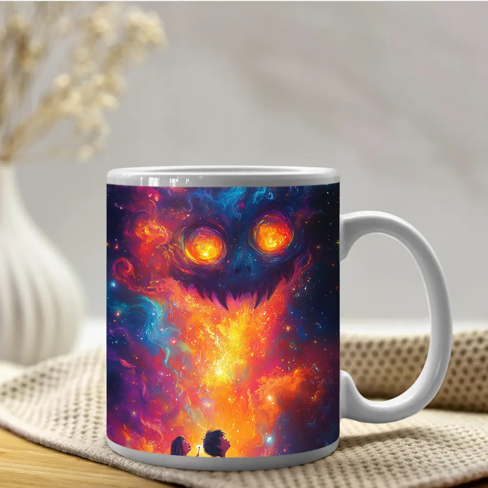Children Facing Cosmic Monster Galaxy Art – Mugs