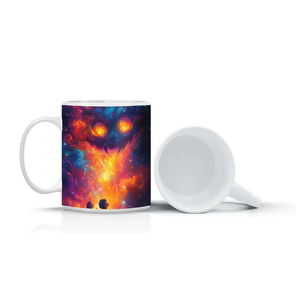 Children Facing Cosmic Monster Galaxy Art – Mugs