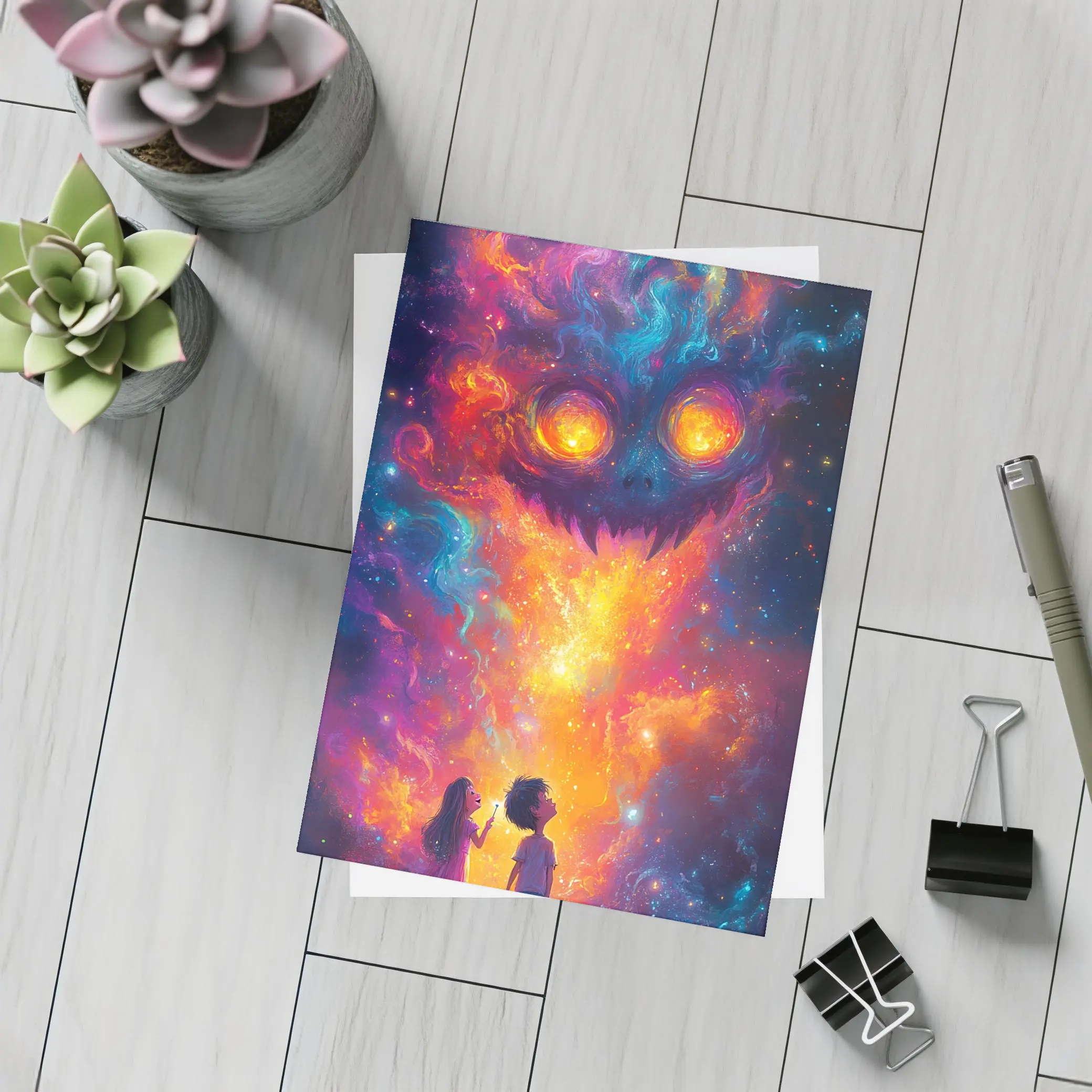 Children Facing Cosmic Monster Galaxy Art – Postcards