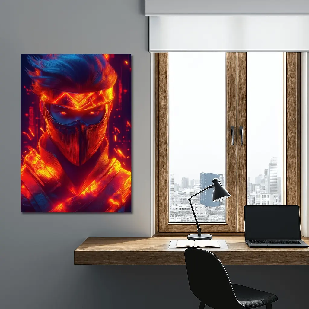 Neon Ninja Warrior Glowing Red Fire Background – Wall Art