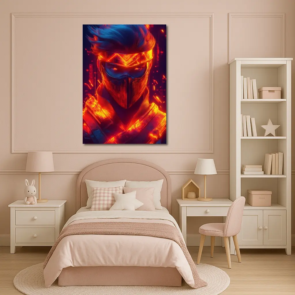 Neon Ninja Warrior Glowing Red Fire Background – Wall Art