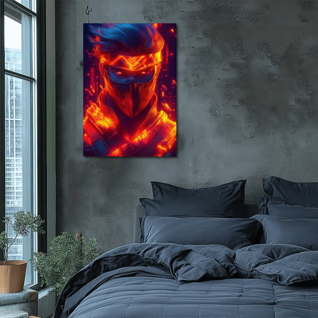 Neon Ninja Warrior Glowing Red Fire Background – Wall Art