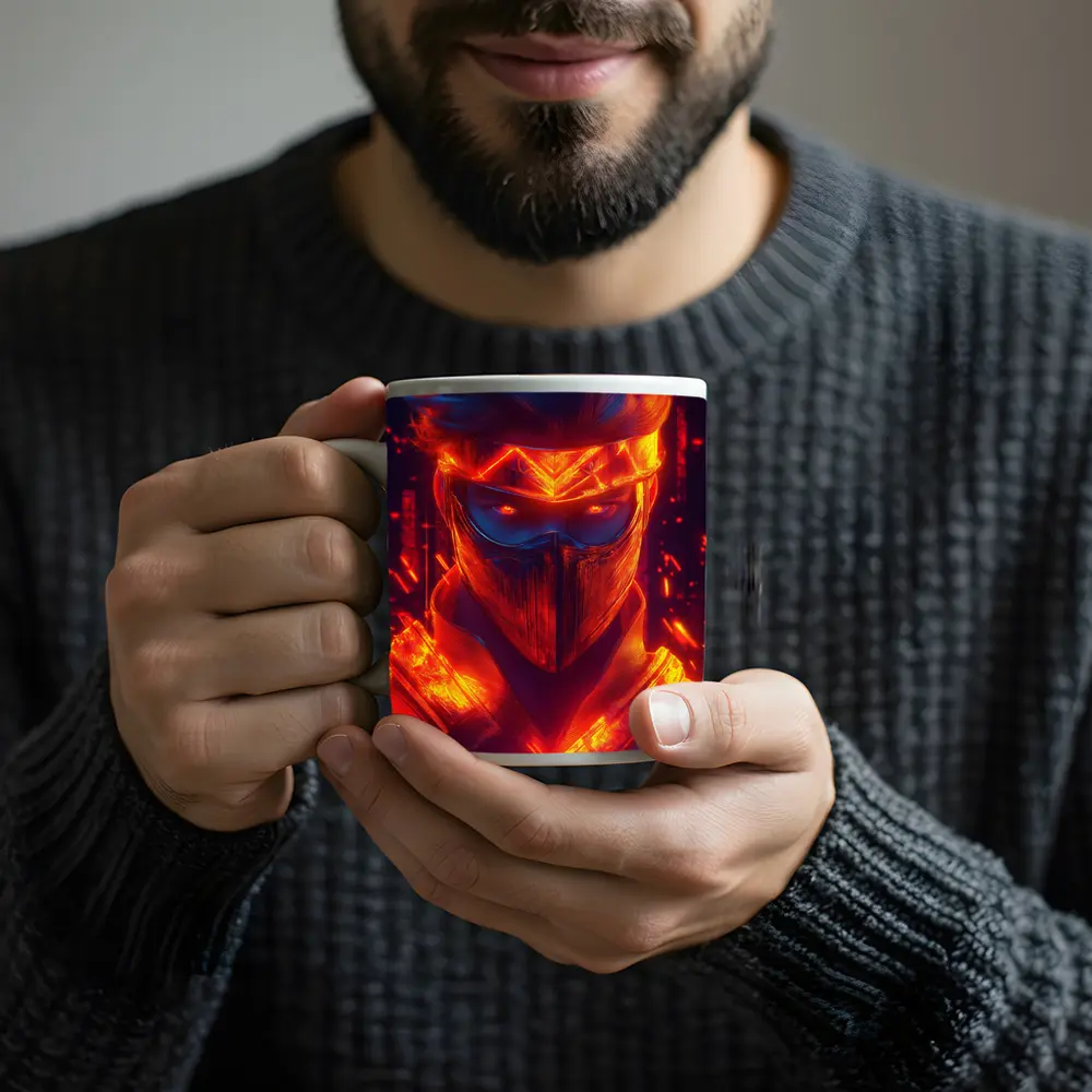 Neon Ninja Warrior Glowing Red Fire Background – Mugs