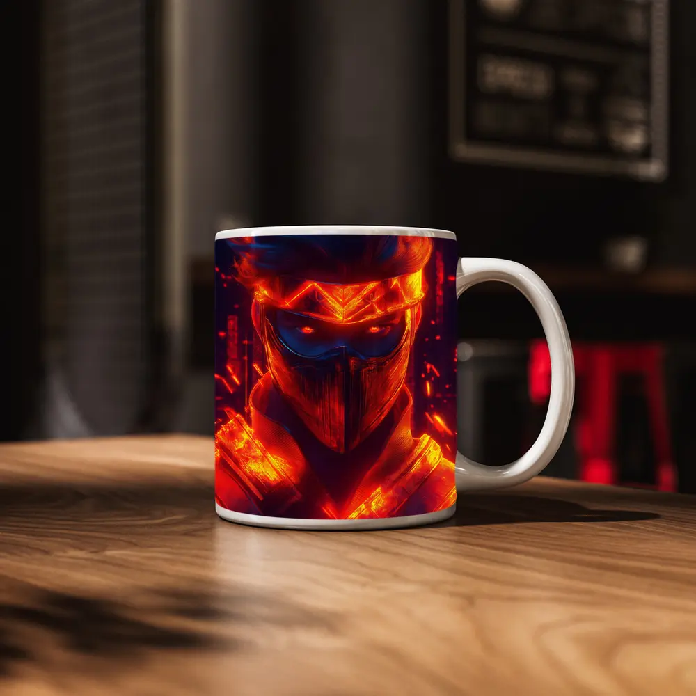 Neon Ninja Warrior Glowing Red Fire Background – Mugs
