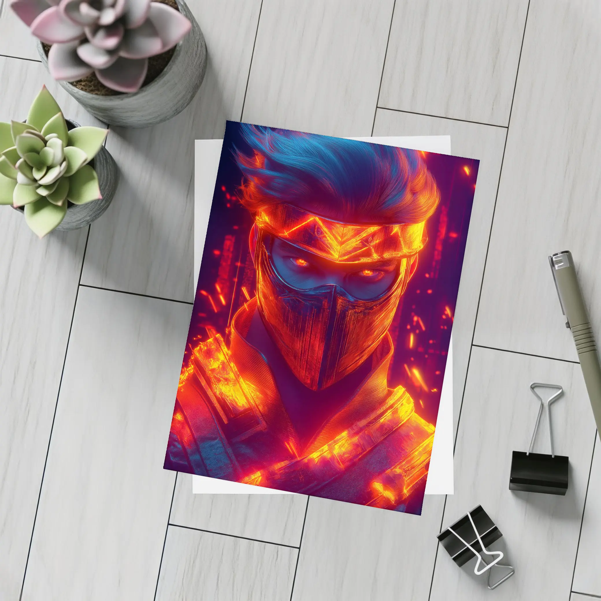 Neon Ninja Warrior Glowing Red Fire Background – Postcards