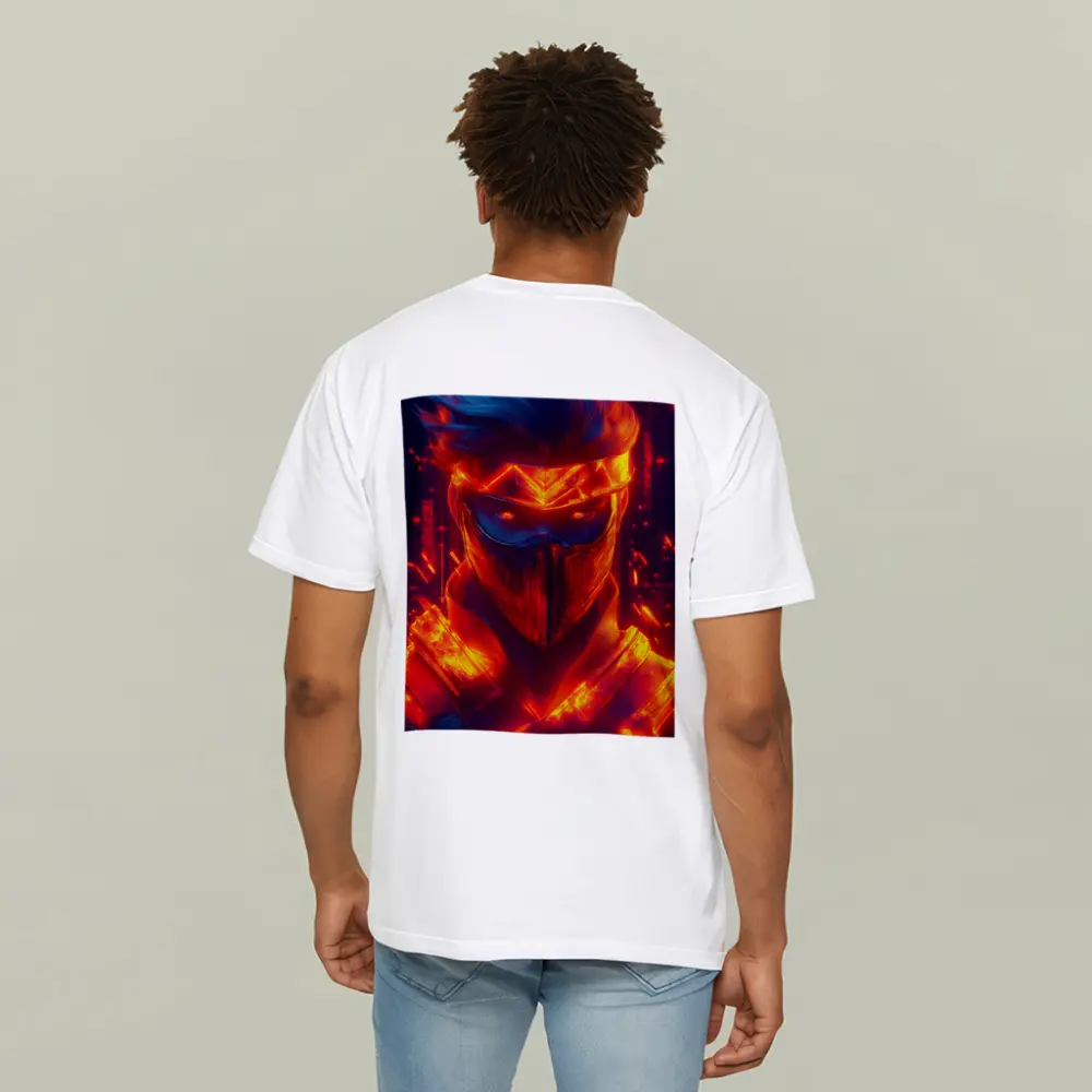 Neon Ninja Warrior Glowing Red Fire Background – T-Shirts
