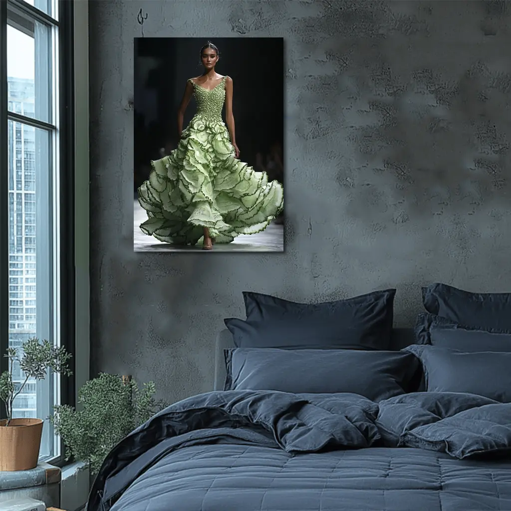 Green Ruffled Floral Gown Runway Fashion – Wall Art
