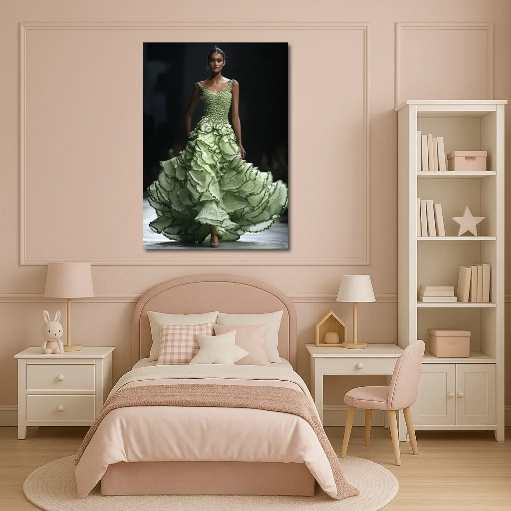Green Ruffled Floral Gown Runway Fashion – Wall Art