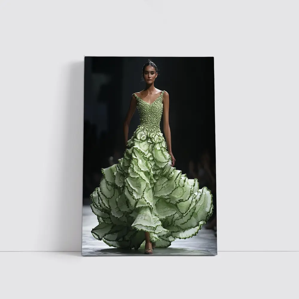 Green Ruffled Floral Gown Runway Fashion – Wall Art