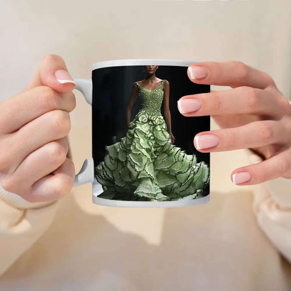 Green Ruffled Floral Gown Runway Fashion – Mugs