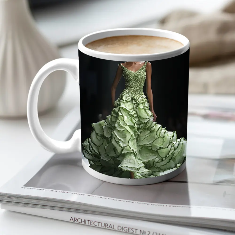 Green Ruffled Floral Gown Runway Fashion – Mugs