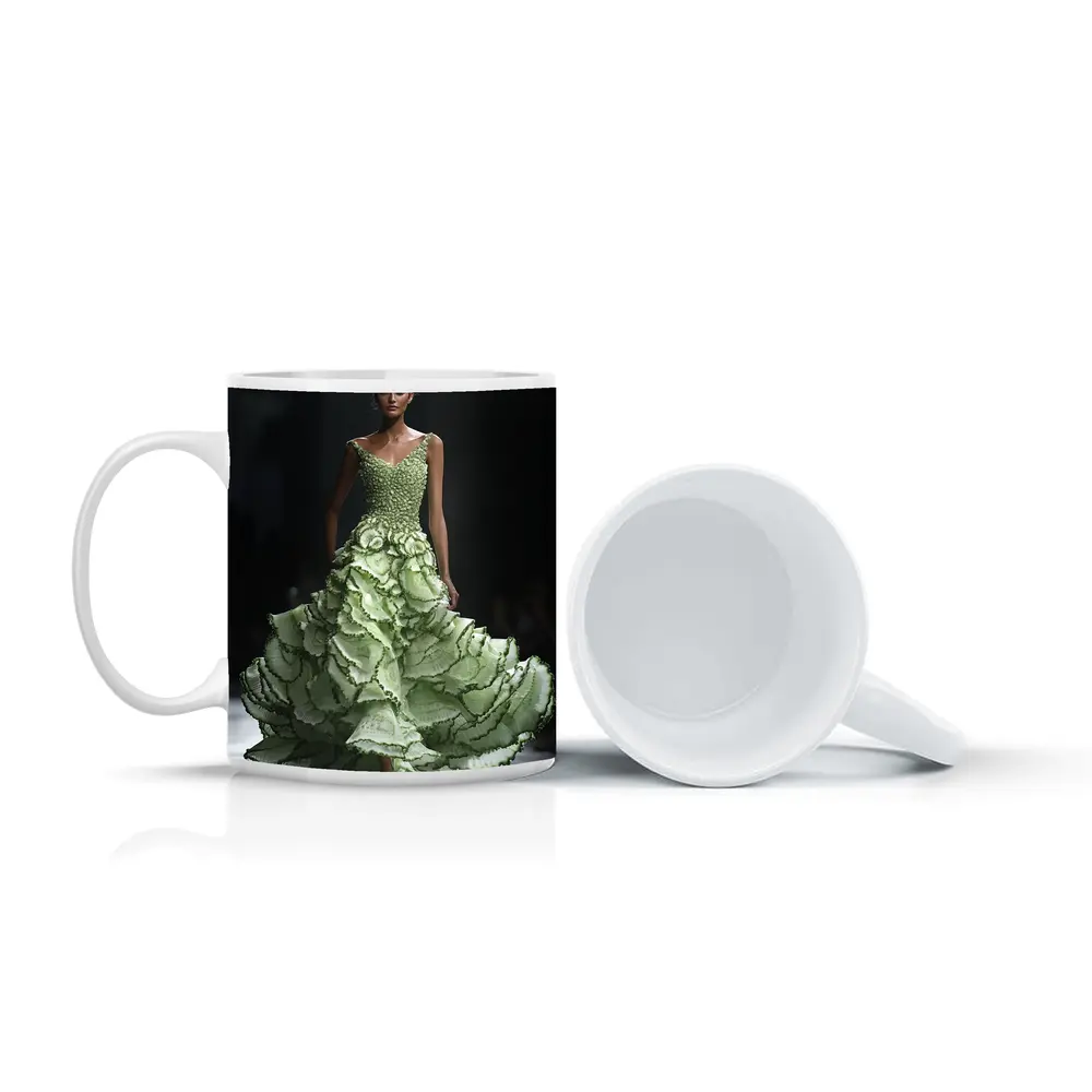 Green Ruffled Floral Gown Runway Fashion – Mugs