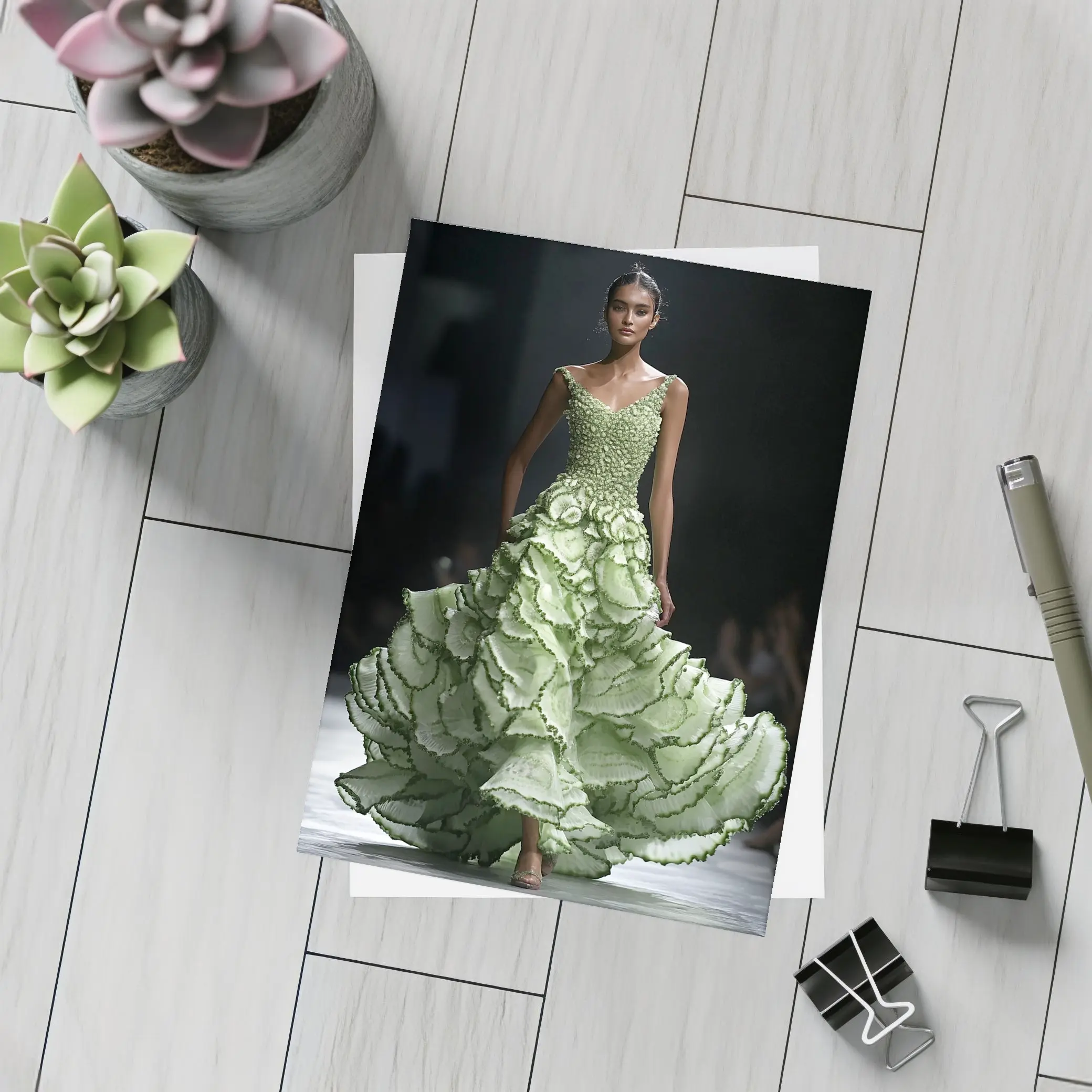 Green Ruffled Floral Gown Runway Fashion – Postcards