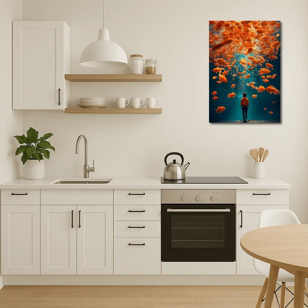 Man Standing Underwater Surrounded By Goldfish – Wall Art