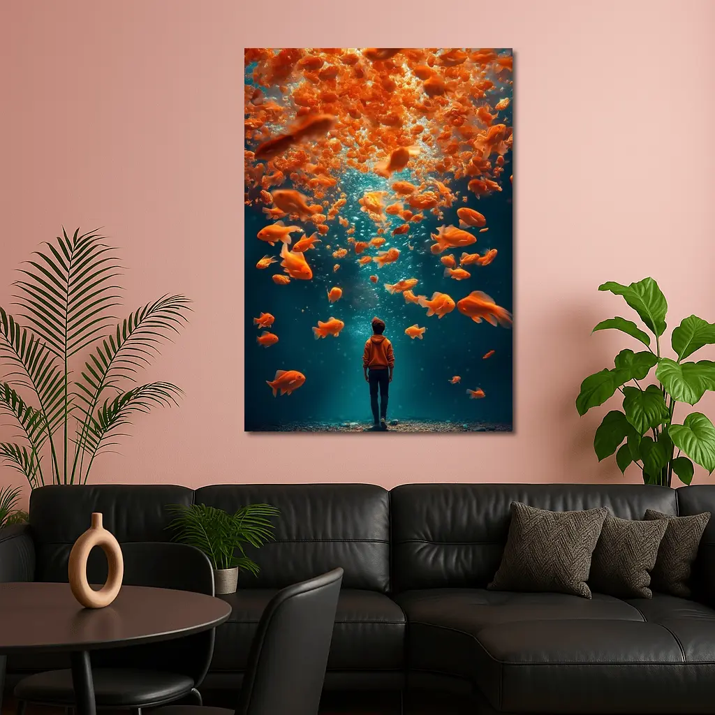 Man Standing Underwater Surrounded By Goldfish – Wall Art