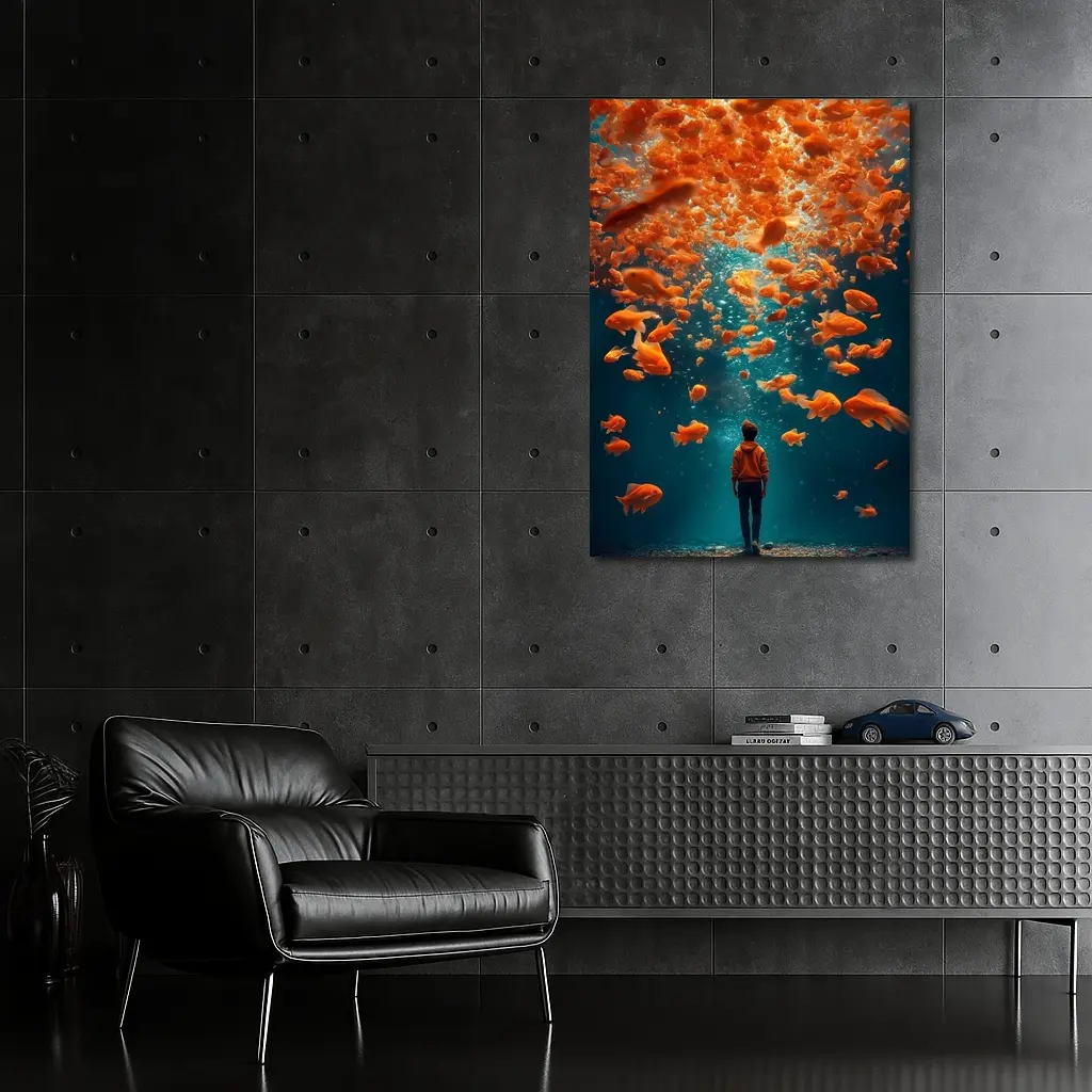 Man Standing Underwater Surrounded By Goldfish – Wall Art