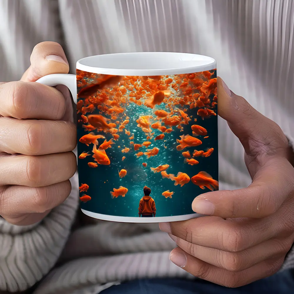 Man Standing Underwater Surrounded By Goldfish – Mugs