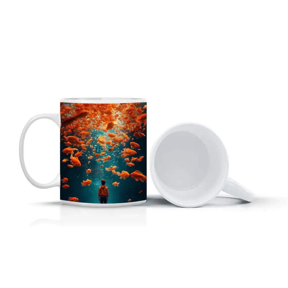 Man Standing Underwater Surrounded By Goldfish – Mugs