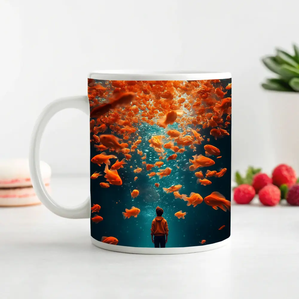 Man Standing Underwater Surrounded By Goldfish – Mugs
