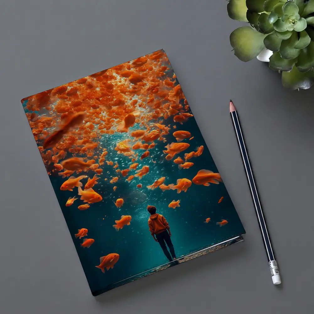 Man Standing Underwater Surrounded By Goldfish – Notebooks