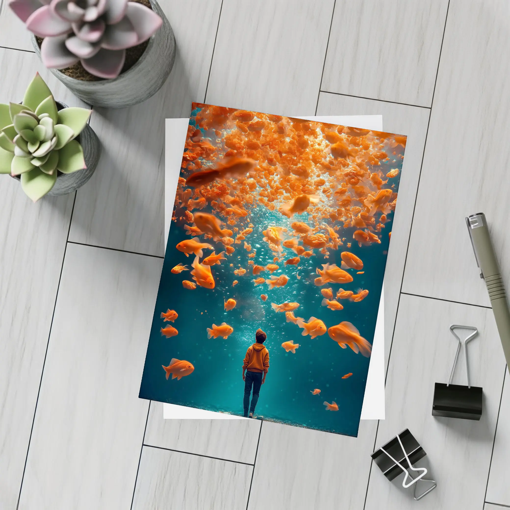 Man Standing Underwater Surrounded By Goldfish – Postcards