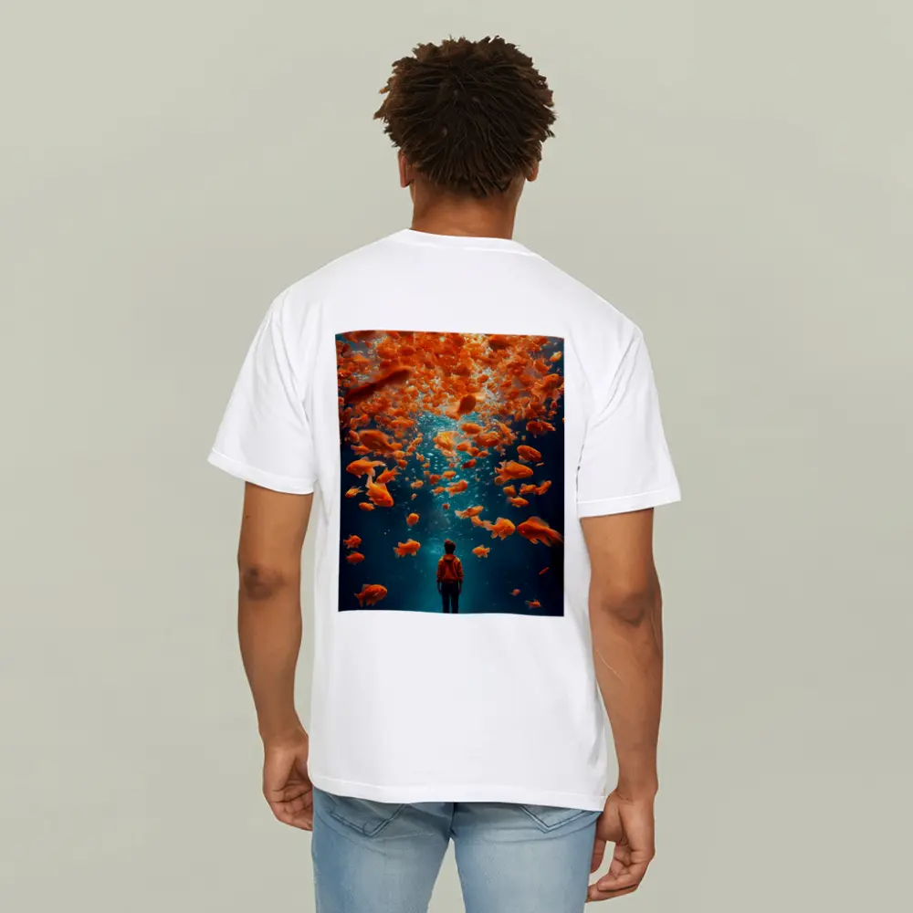 Man Standing Underwater Surrounded By Goldfish – T-Shirts