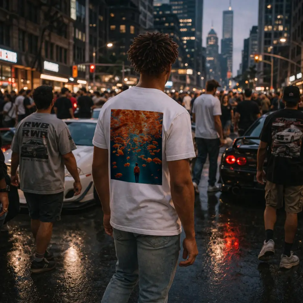 Man Standing Underwater Surrounded By Goldfish – T-Shirts