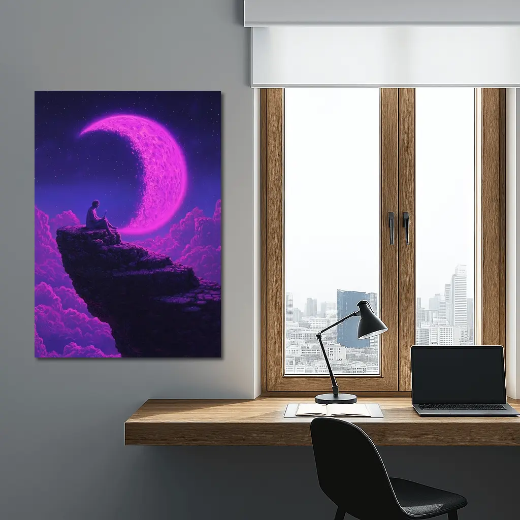 Person Sitting On Cliff Under Purple Moon – Wall Art