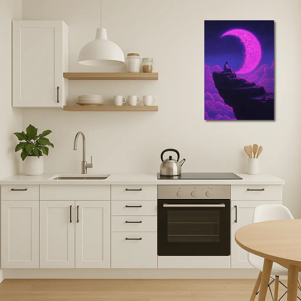 Person Sitting On Cliff Under Purple Moon – Wall Art