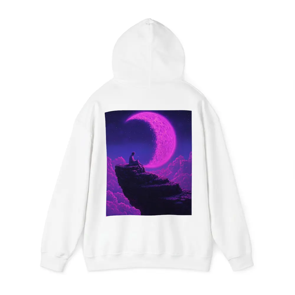 Person Sitting On Cliff Under Purple Moon – Hoodies