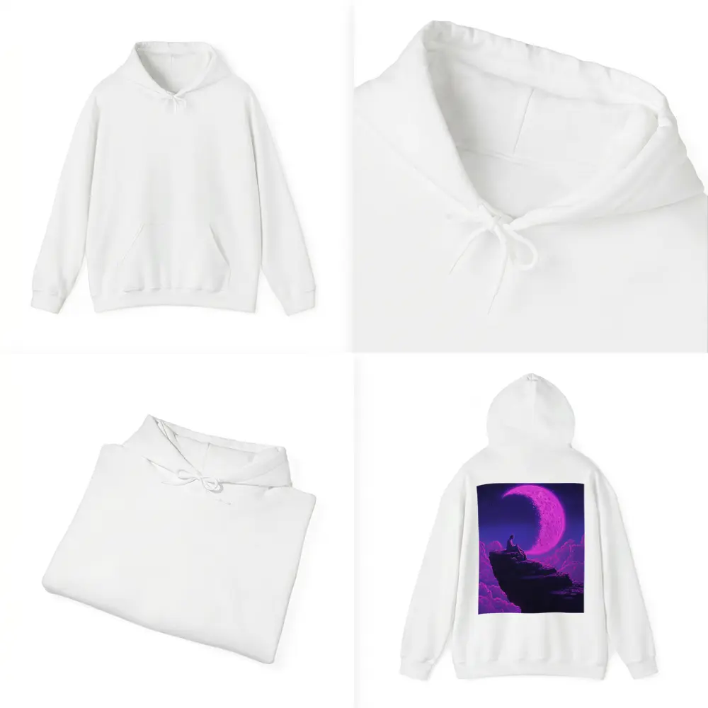 Person Sitting On Cliff Under Purple Moon – Hoodies