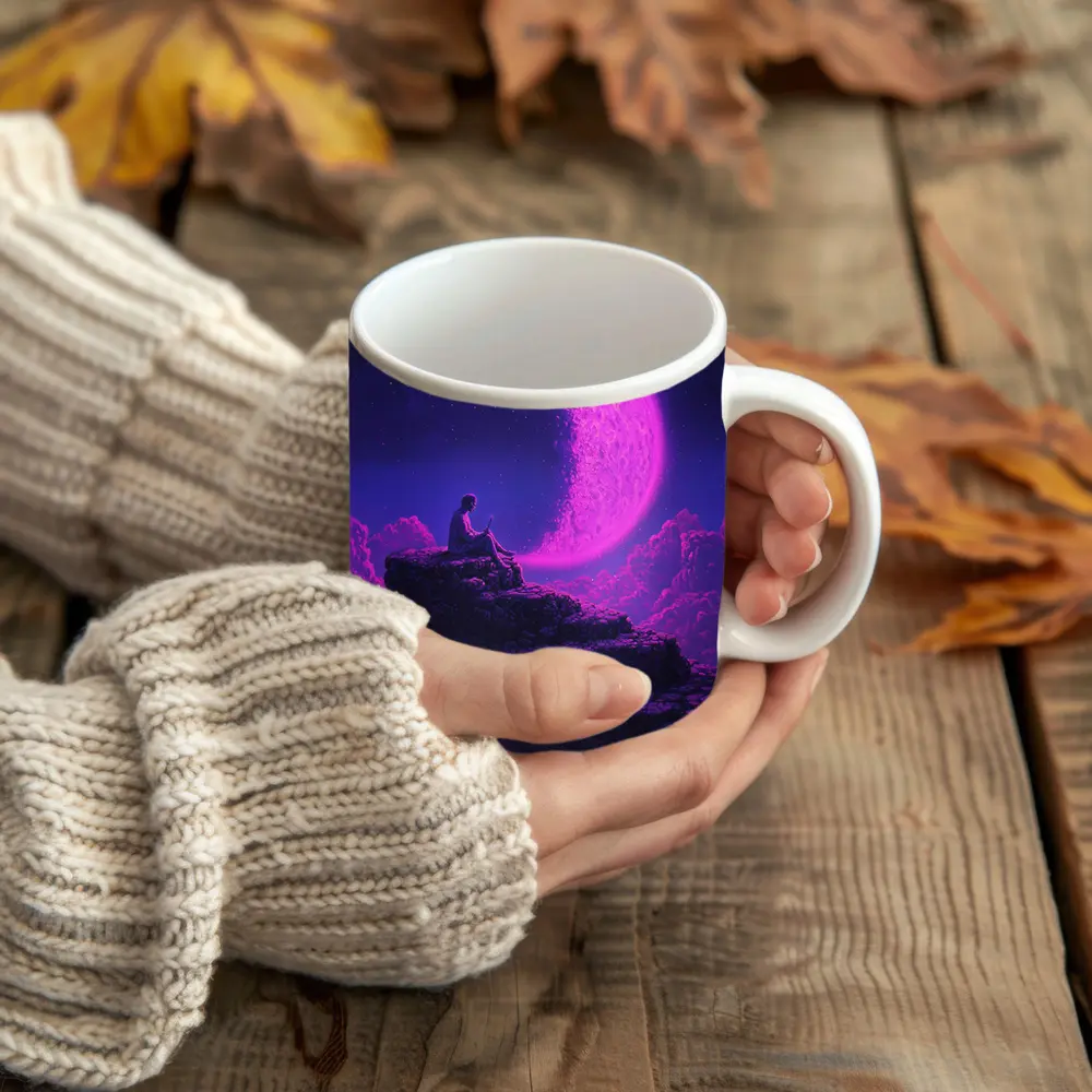 Person Sitting On Cliff Under Purple Moon – Mugs