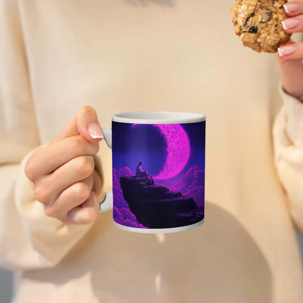 Person Sitting On Cliff Under Purple Moon – Mugs