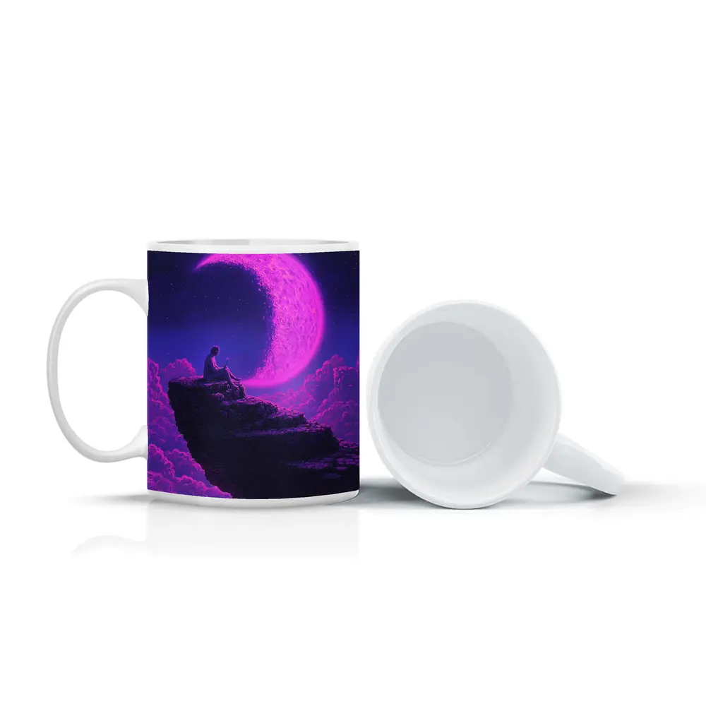 Person Sitting On Cliff Under Purple Moon – Mugs