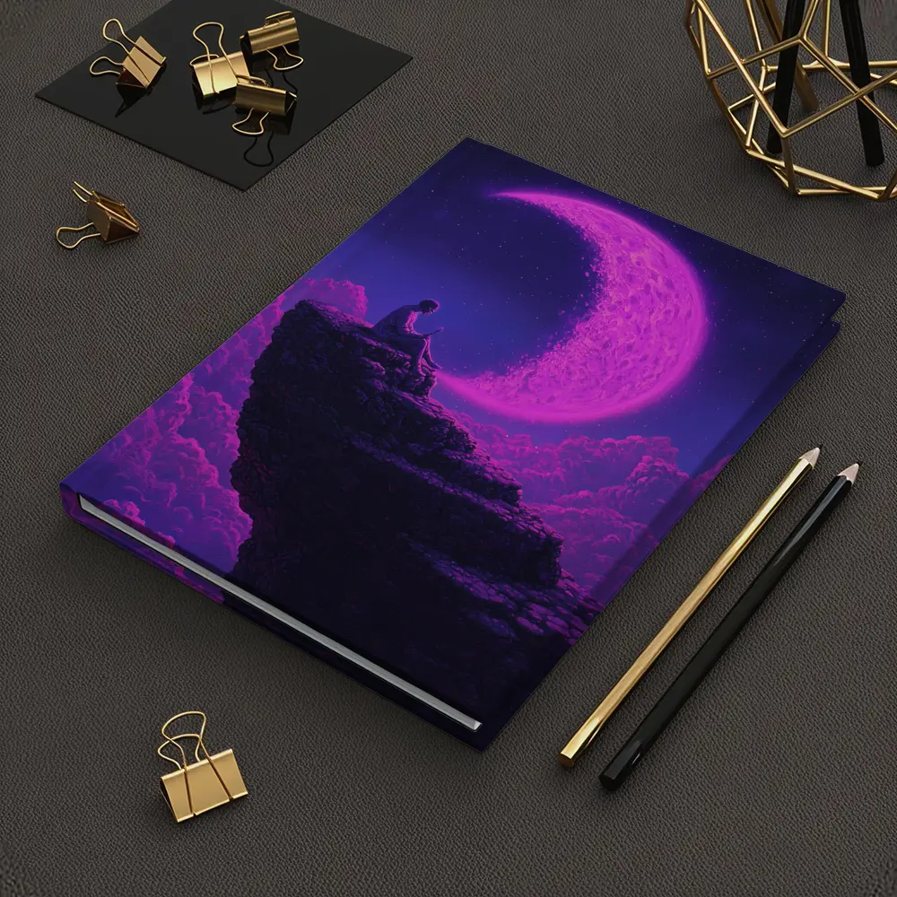 Person Sitting On Cliff Under Purple Moon – Notebooks
