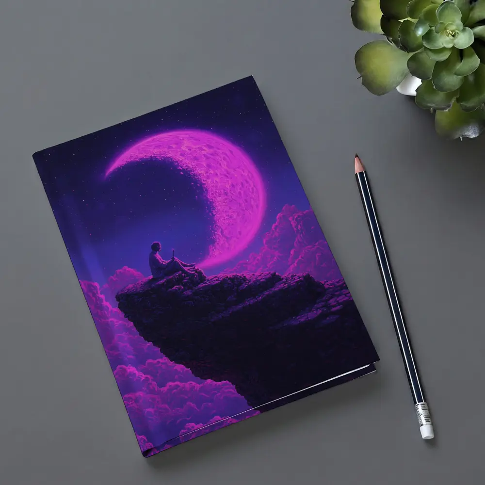 Person Sitting On Cliff Under Purple Moon – Notebooks