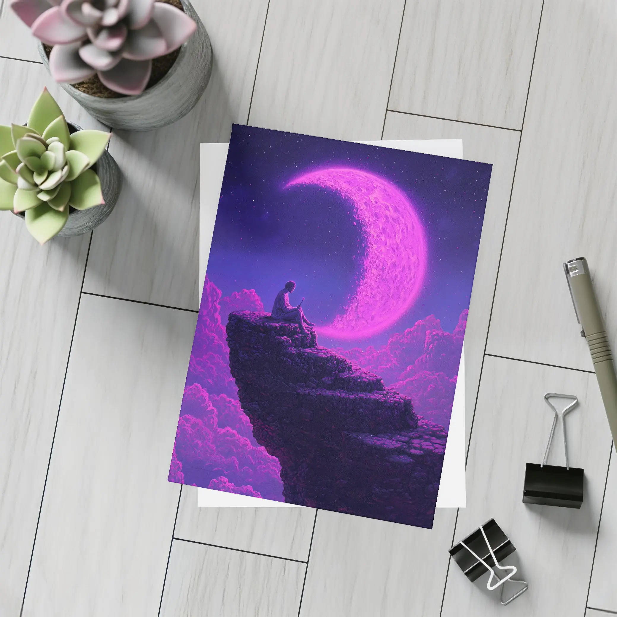 Person Sitting On Cliff Under Purple Moon – Postcards