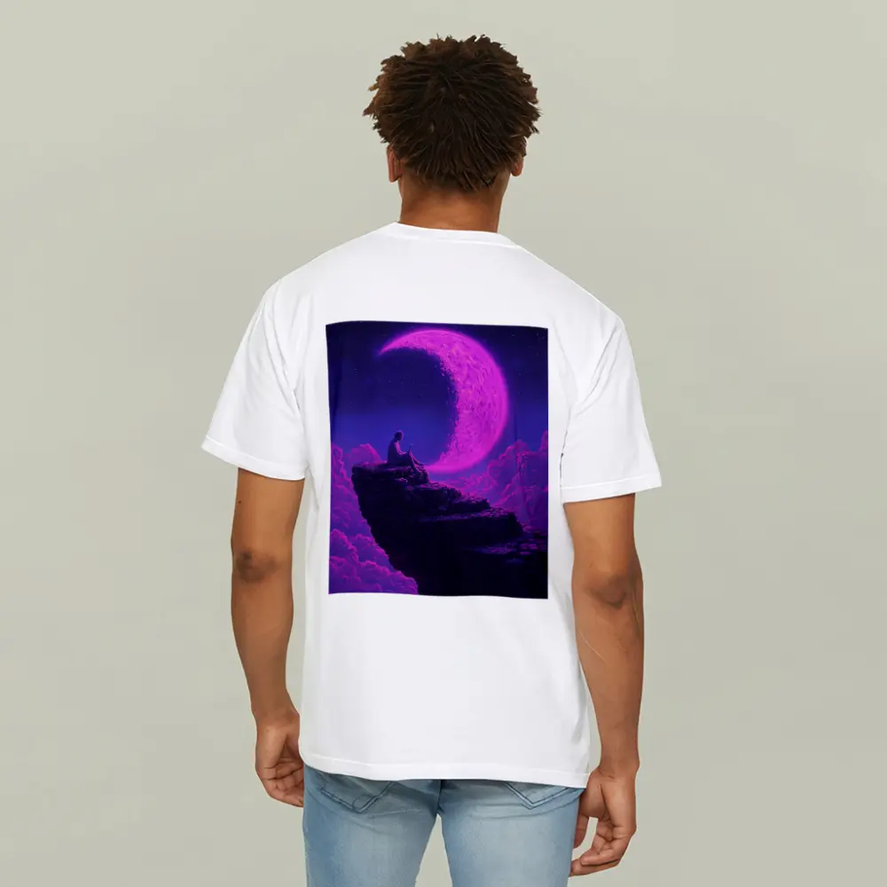 Person Sitting On Cliff Under Purple Moon – T-Shirts