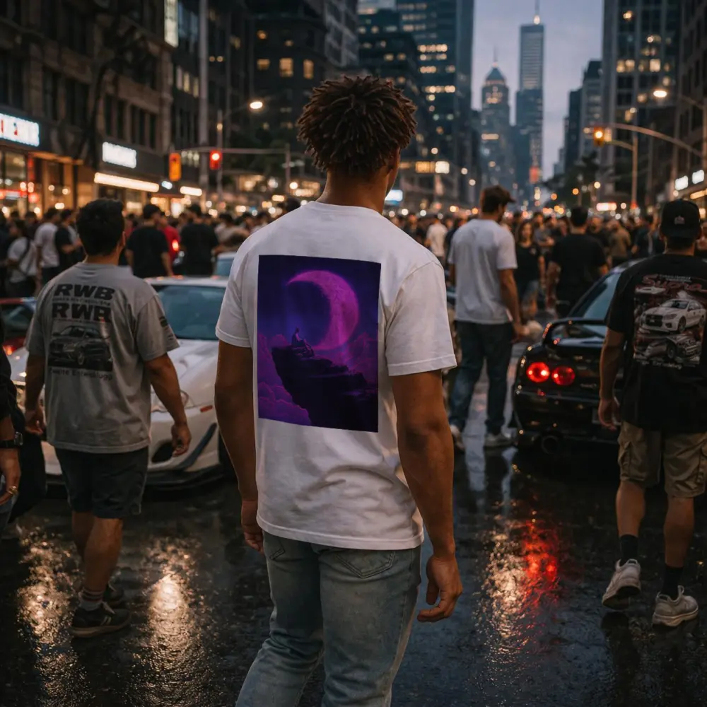 Person Sitting On Cliff Under Purple Moon – T-Shirts