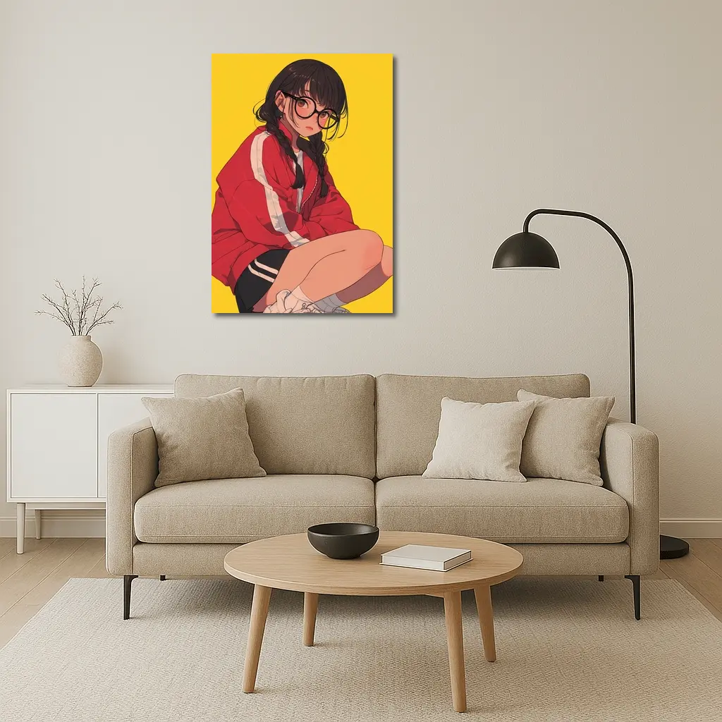 Anime Girl Red Jacket Yellow Background – Wall Art