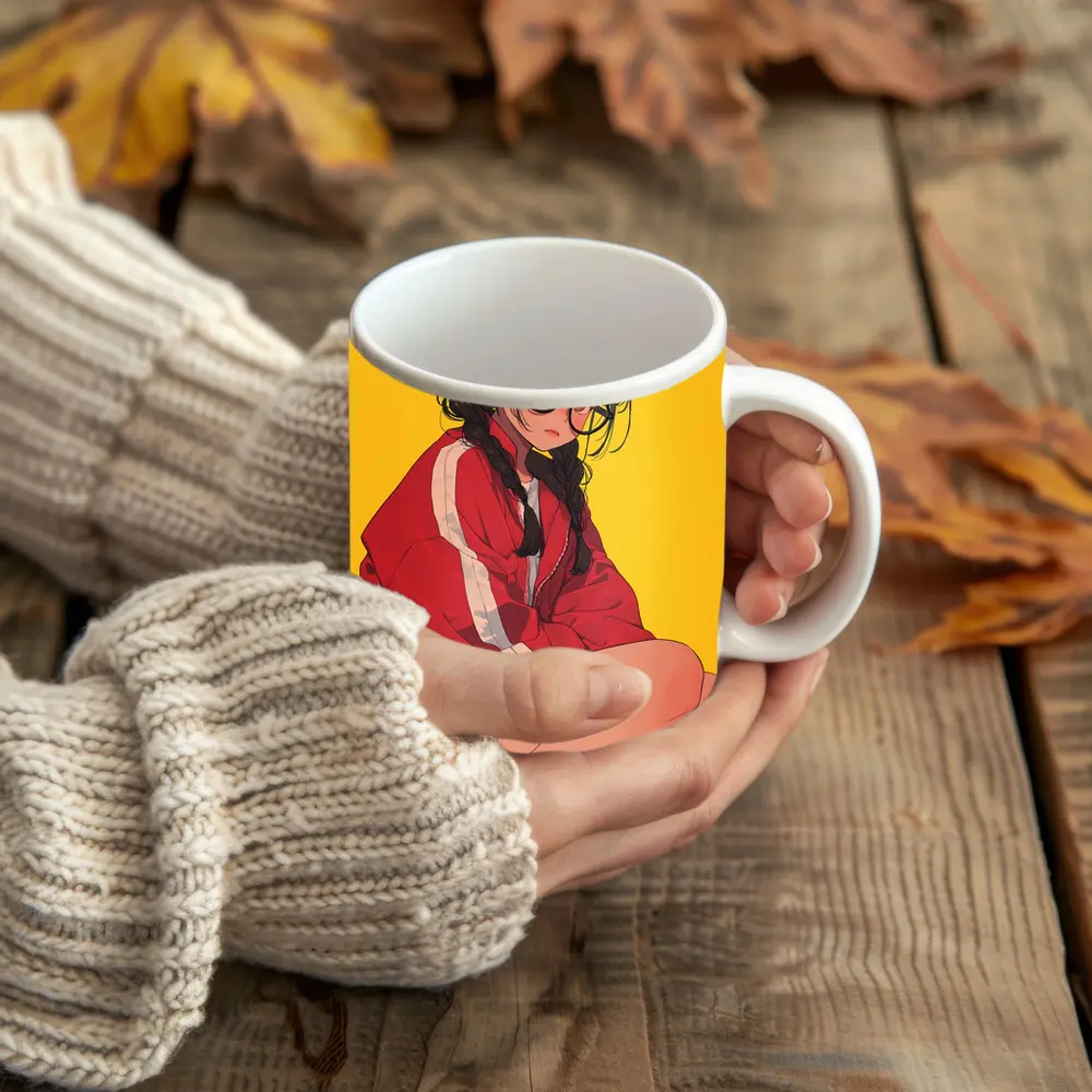 Anime Girl Red Jacket Yellow Background – Mugs