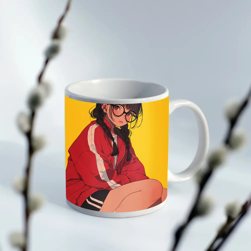 Anime Girl Red Jacket Yellow Background – Mugs