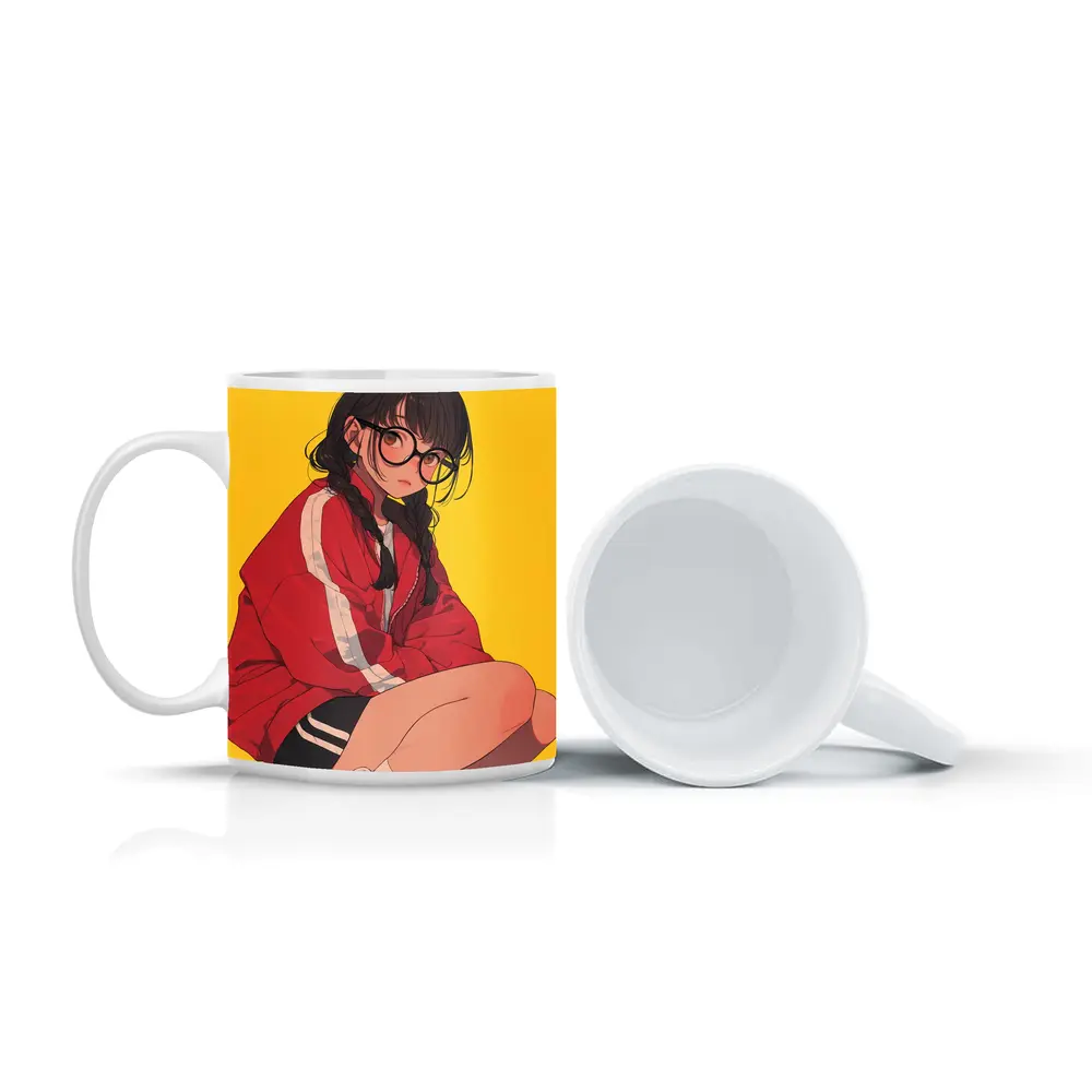 Anime Girl Red Jacket Yellow Background – Mugs