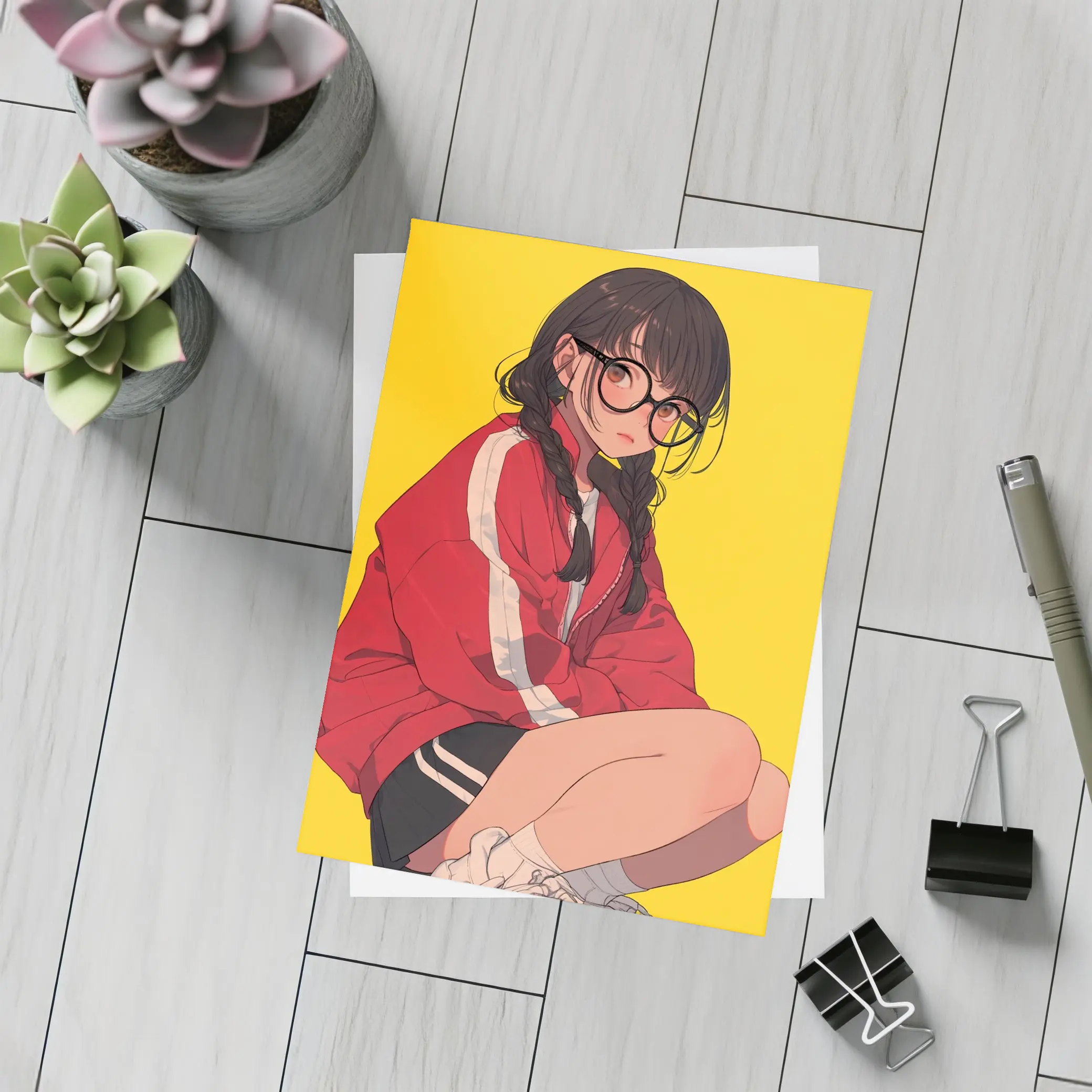 Anime Girl Red Jacket Yellow Background – Postcards