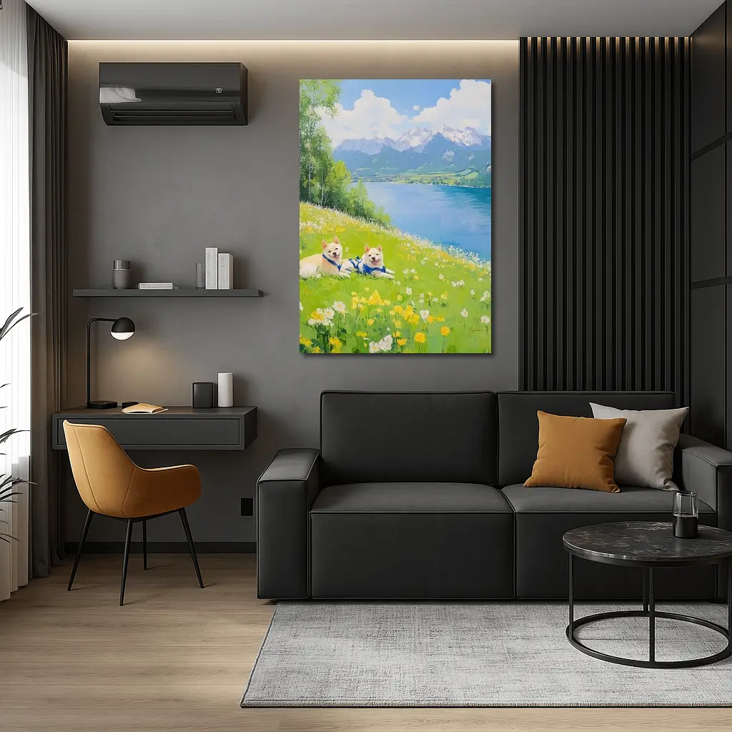 Two Akita Dogs Resting Alpine Lake Meadow – Wall Art