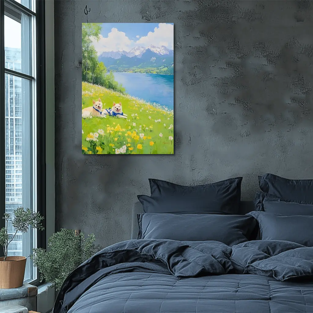 Two Akita Dogs Resting Alpine Lake Meadow – Wall Art