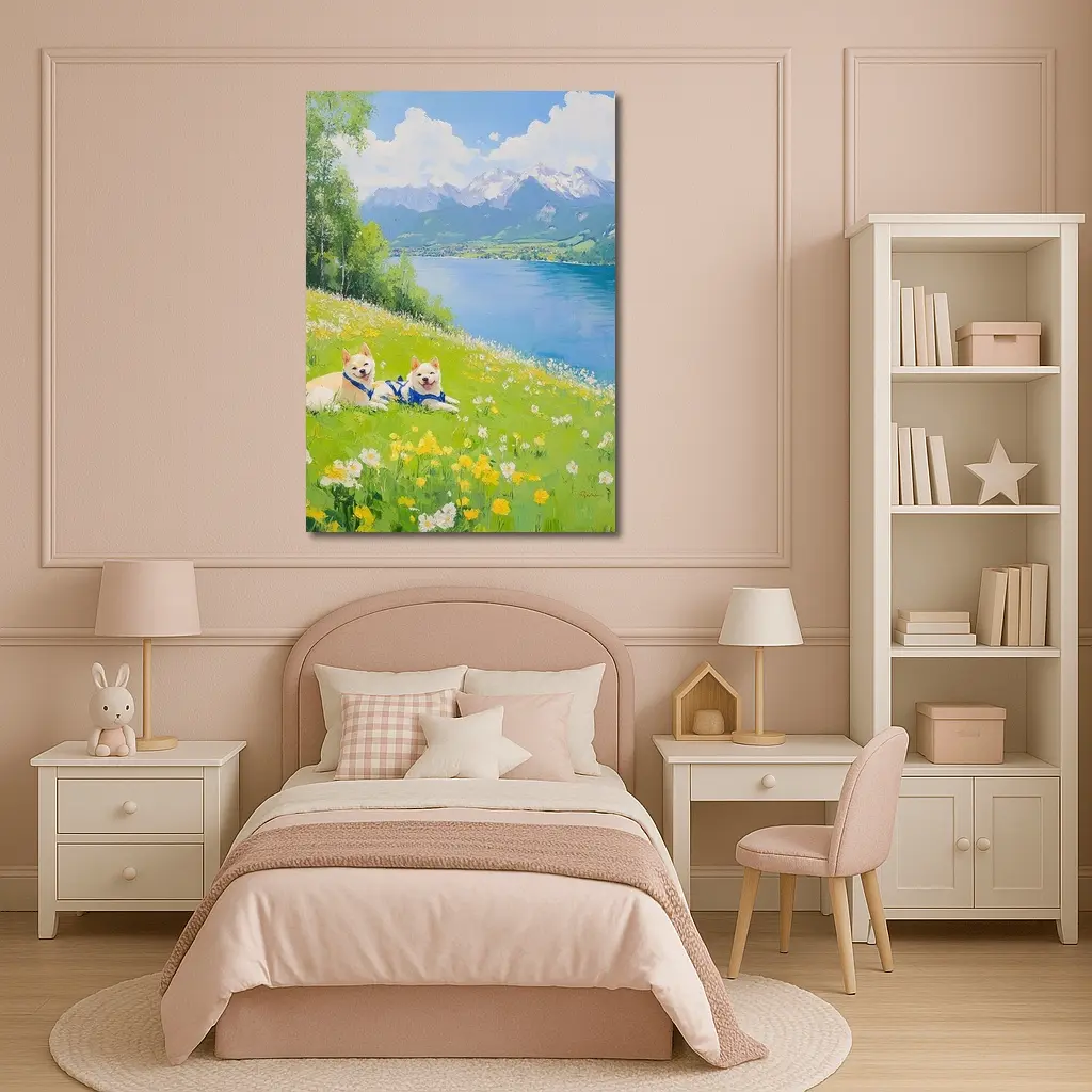 Two Akita Dogs Resting Alpine Lake Meadow – Wall Art